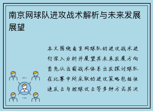 南京网球队进攻战术解析与未来发展展望